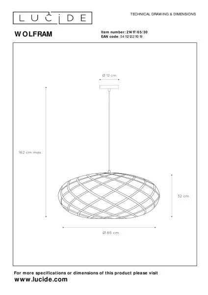 Lucide WOLFRAM - Pendant light - Ø 65 cm - 1xE27 - Black - technical